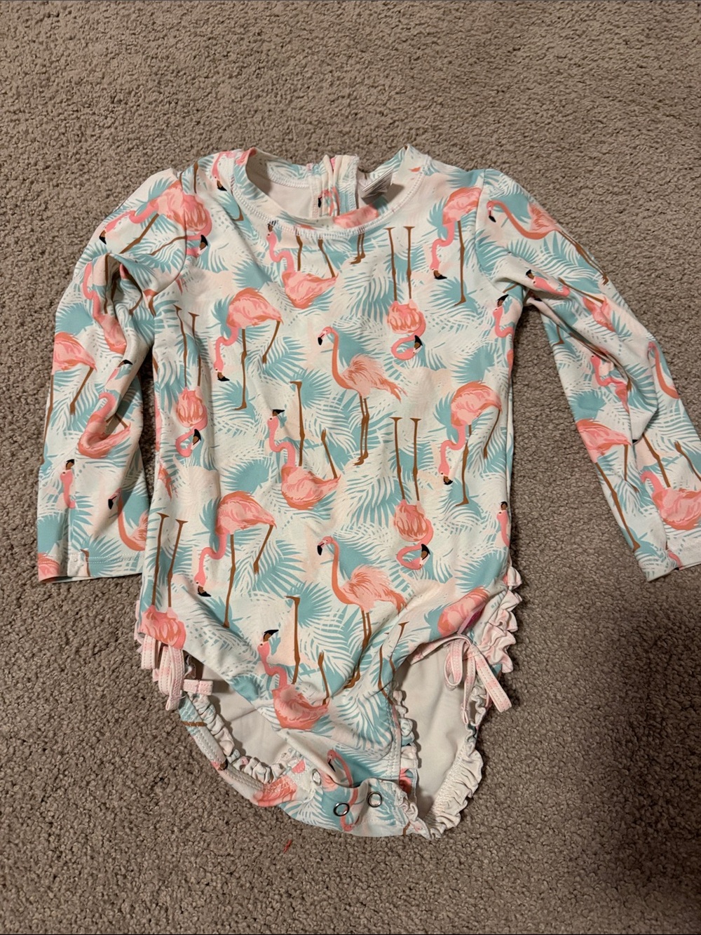 Ruffle Butts Pink Flamingo Print Long Sleeve One-Piece Swimsuit